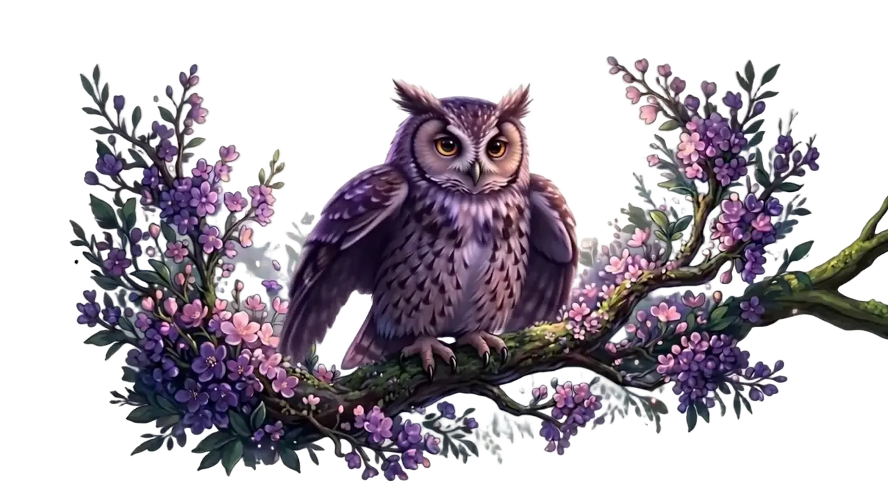 Illustrated owl on a blossoming branch