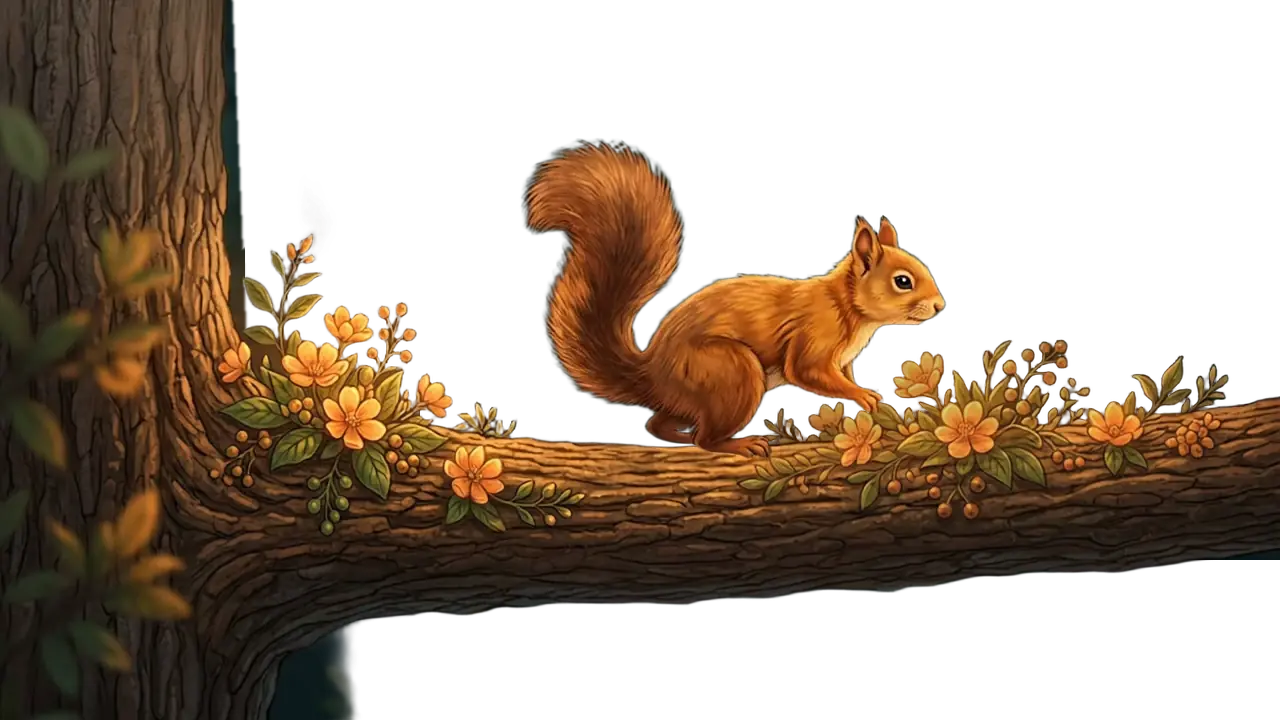 Illustrated squirrel on a flowering branch